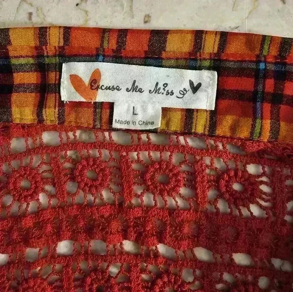 Excuse Me Miss Juniors Orange/Gold/Maroon/Black Plaid Polyester Blouse Large - Picture 8 of 9